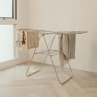 【ikloo 宜酷屋】不銹鋼雙開翼型折疊曬衣架-附毛巾側夾(無需安裝 輕鬆折疊 室內曬衣架 高低輕鬆調節)