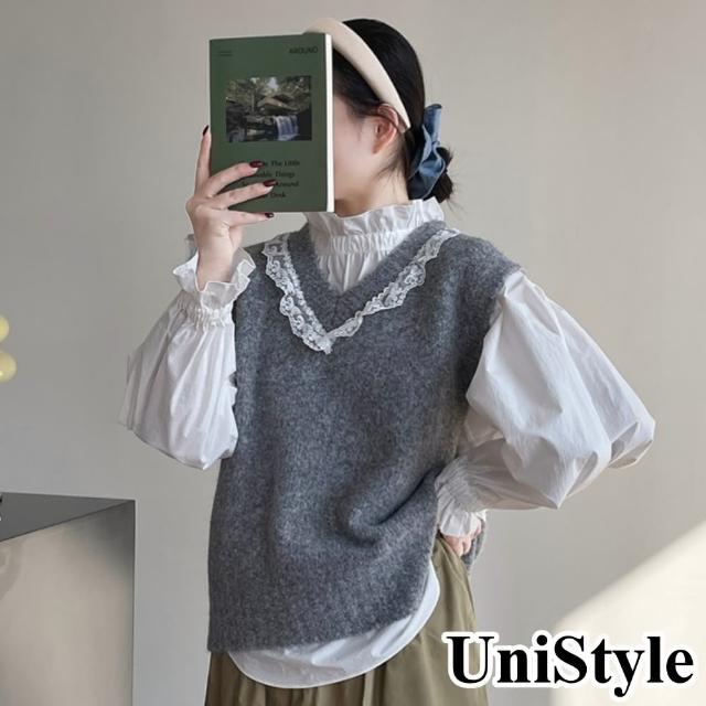 UniStyle 針織無袖背心 韓版V領蕾絲拼接 女 WTSZ2485 灰