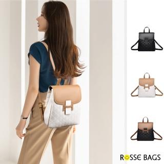 【Rosse Bags】真皮 時髦牛皮撞色菱格紋大容量後揹包 雙肩包(真皮包包 黑色／米色／棕色)