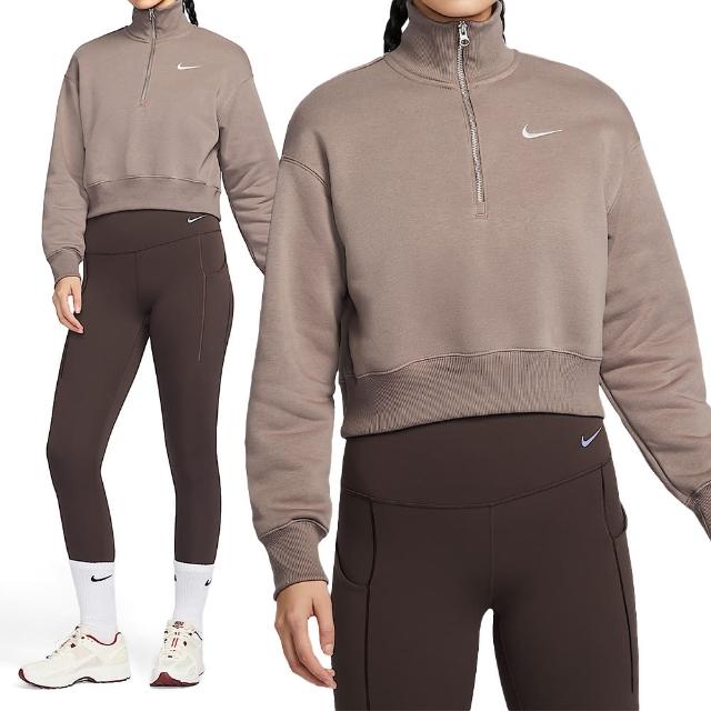 【NIKE 耐吉】PHNX FLC QZ Crop 女款 棕色 短版 寬鬆 上衣 磨毛 加絨 半開襟 長袖 DQ5768-233