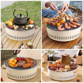 【新錸家居】贈提網器★韓式雙耳木炭碳火燒烤肉爐烤網盤爐架+爐座(圓形圍爐煮茶注水分離式桌上型戶外露營)