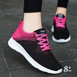 【89 zone】日系時尚透氣輕便質感繫帶 女鞋 運動鞋 大尺碼 鞋 休閒鞋 慢跑鞋(黑玫紅/桔)