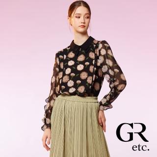 【GLORY21】速達-網路獨賣款-etc.質感印花荷葉邊長袖上衣(黑色)