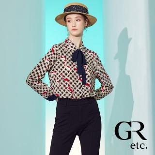 【GLORY21】速達-網路獨賣款-etc.優雅印花配色領結長袖襯衫(杏色)