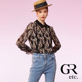 【GLORY21】速達-網路獨賣款-etc.優雅印花蕾絲裝飾長袖上衣(黑色)
