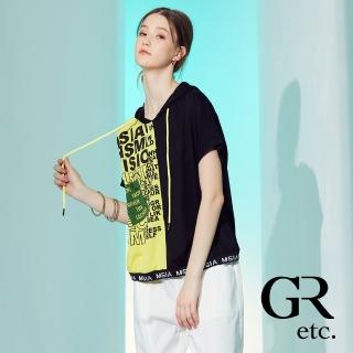 【GLORY21】速達-網路獨賣款-etc.率性字母撞色拼接連帽短袖上衣(黃色)