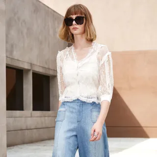 【mia mia】V領蕾絲荷葉上衣
