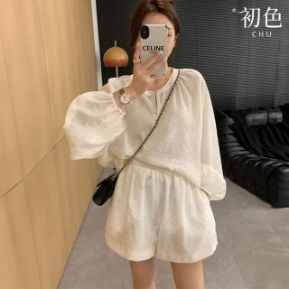 【初色】現貨 休閒風圓領長袖上衣女上衣+純色闊腿褲休閒褲寬褲短褲套裝-共3色-36689(M-2XL可選/快速出貨)