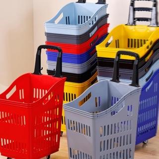 【仙庭家居工廠店】商場超市帶輪拖籃購物筐 買菜籃子小推車(50L拉桿滑輪/穩固承重/加厚材質/預售15天)