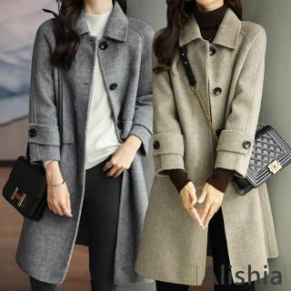 【Alishia】氣質款翻領中長版女毛呢大衣外套 S-2XL(現+預 卡其色 / 灰色 / 黑色)