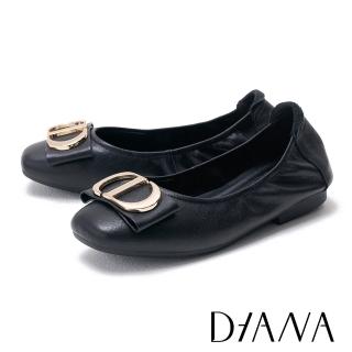 【DIANA】柔軟羊皮金屬飾釦平底娃娃鞋(黑色)