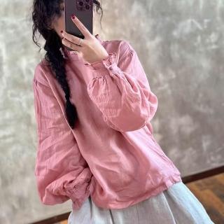 【ACheter】優雅別致寬鬆花邊領薴麻感長袖襯衫中長上衣#124271(白/黑/紅/粉)