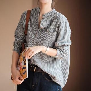 【ACheter】日系簡約條紋復古長袖襯衫外罩寬鬆百搭短版上衣#124273(條紋)