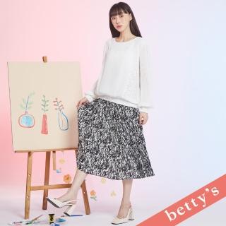 【betty’s 貝蒂思】潑墨印花百褶雪紡長裙(黑色)