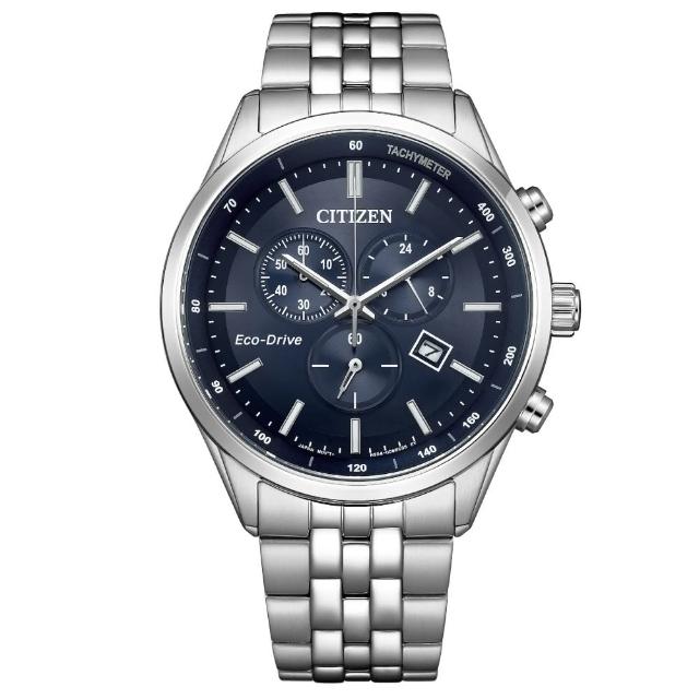 【CITIZEN 星辰】光動能紳士風三眼計時手錶 藍(AT2570-56L/42mm)