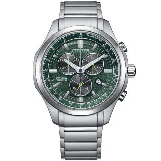 【CITIZEN 星辰】光動能抗敏輕量鈦金屬三眼計時手錶 綠 43mm(AT2530-85X)