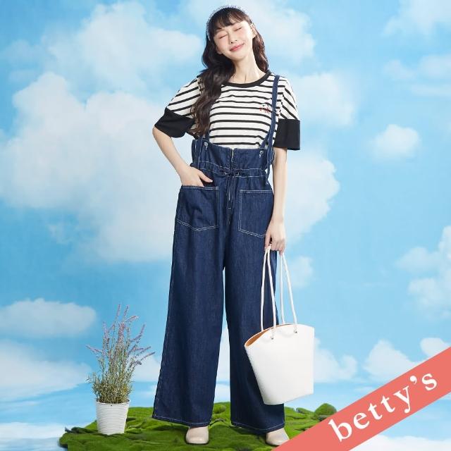 【betty’s 貝蒂思】高腰抽繩拉鍊吊帶牛仔寬褲(深藍)