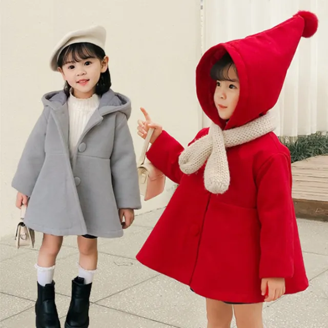 【橘魔法】精靈尖尖帽毛尼傘擺大衣 連帽 外套 夾克 兒童 女童 童裝 過年 新年 大紅 聖誕 保暖