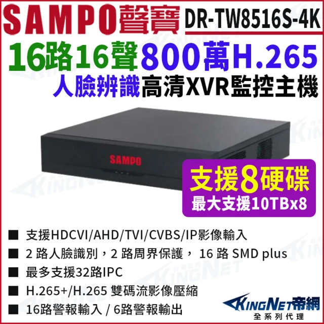 KINGNET DR-TW8516S-4K 16路 4K XVR 支援8硬碟 錄影主機 16路主機 DVR(SAMPO 聲寶 監控大廠)