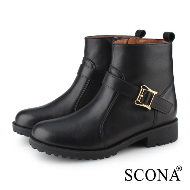 【SCONA 蘇格南】全真皮 經典皮帶扣飾短靴(黑色 8817-1)