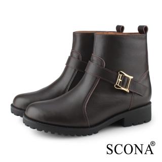 【SCONA 蘇格南】全真皮 經典皮帶扣飾短靴(咖啡色 8817-2)