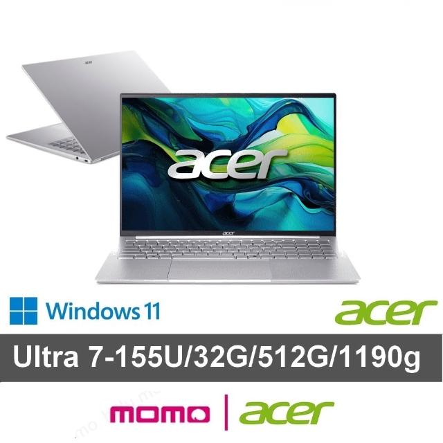 【Acer 宏碁】16吋Ultra 7 1190g極輕薄AI筆電(Swift Lite/SFL16-51M-74W7/Ultra 7-155U/32G/512G/W11)