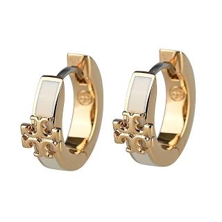 【TORY BURCH】TORY BURCH雙T標誌環狀造型卡扣式耳環(金x白)