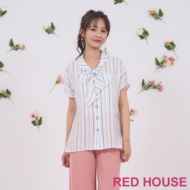 【RED HOUSE 蕾赫斯】蝴蝶結綁帶落肩條紋上衣(白色)