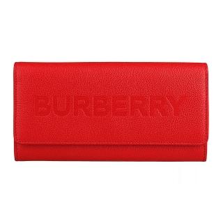 【BURBERRY 巴寶莉】BURBERRY Porter壓印LOGO牛皮12卡翻蓋壓釦式長夾(紅)