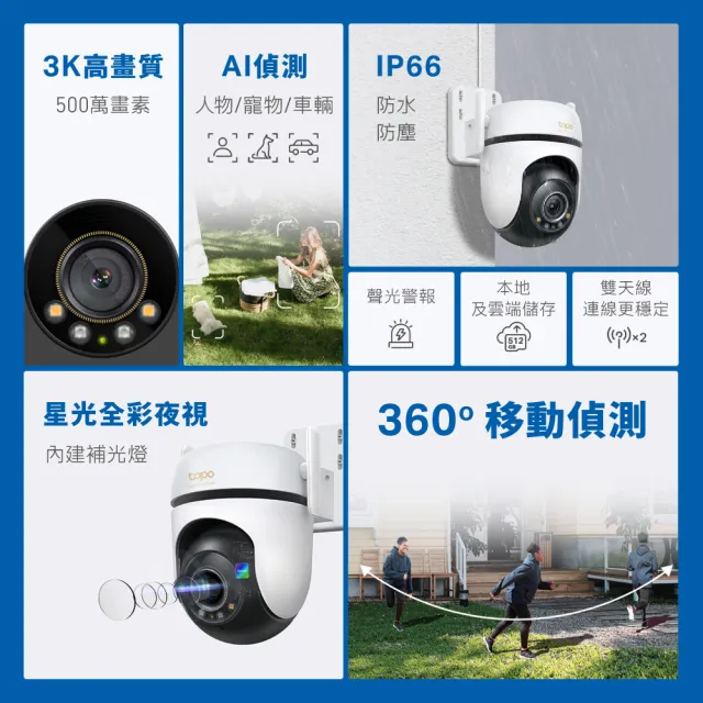 (512G記憶卡組)【TP-Link】Tapo C530WS 3K 500萬畫素AI旋轉戶外無線網路攝影機 IP CAM(全彩夜視/IP66防水/