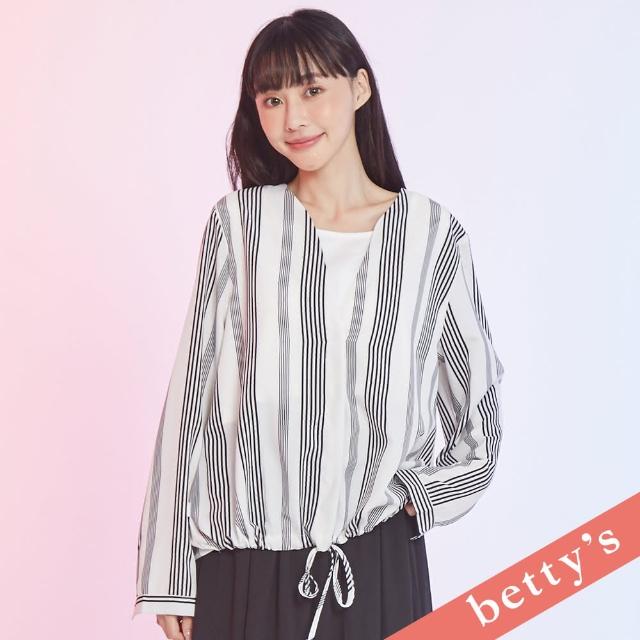 【betty’s 貝蒂思】假兩件直條紋下擺抽繩長袖上衣(黑色)