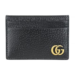 【GUCCI 古馳】GUCCI Marmont系列黃銅雙G字LOGO小牛皮2卡開口式卡片鈔票夾(男款/黑)