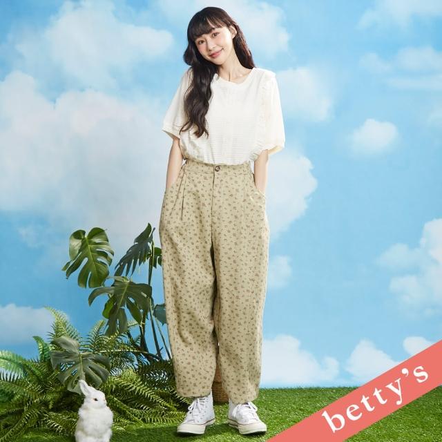 【betty’s 貝蒂思】玫瑰印花剪裁拼接休閒褲(卡其)