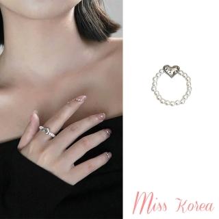 【MISS KOREA】韓國設計金屬愛心珍珠串鍊設計戒指 食指戒(愛心戒指 珍珠戒指 串鍊戒指)