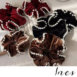 【INES】絲絨髮圈 珍珠髮圈/韓國設計復古高級絲絨珍珠綴邊大腸圈 髮圈 髮繩(3色任選)