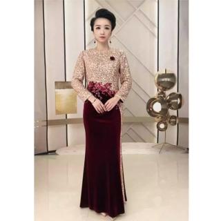 【女神婚紗禮服】閃耀絨布拼接冬季厚款圓領魚尾媽媽宴會禮服GL31012酒紅色(優雅媽媽宴客禮服 拉鍊款)