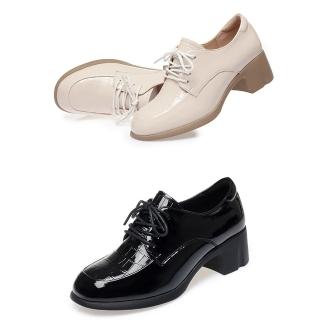 【JP Queen New York】英倫石紋漆皮綁帶女款粗跟小皮鞋(2色可選)