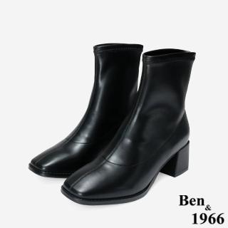 【Ben&1966】高階彈力皮革時尚方頭粗跟短靴-24706