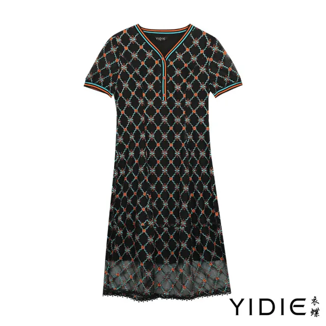 【YIDIE 衣蝶】羅紋領菱格圖案刺繡長洋裝-黑