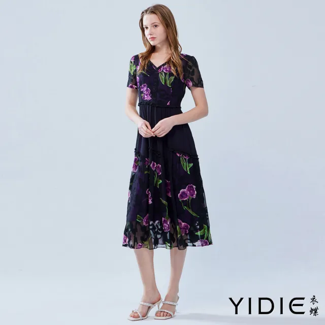 【YIDIE 衣蝶】立體花卉荷葉邊傘擺長洋裝-黑
