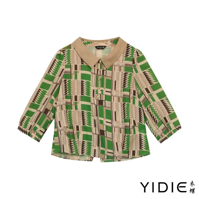 【YIDIE 衣蝶】跳色翻領幾何印花七分袖雪紡上衣-卡其