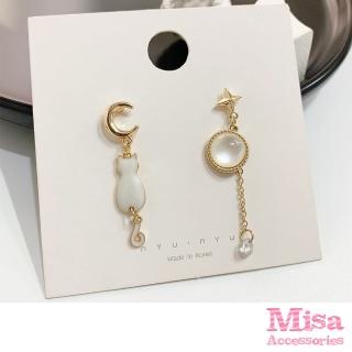 【MISA】韓國設計不對稱可愛貓咪星月造型夾式耳環(無耳洞耳環 耳夾 夾式耳環 貓咪耳環 星月耳環)