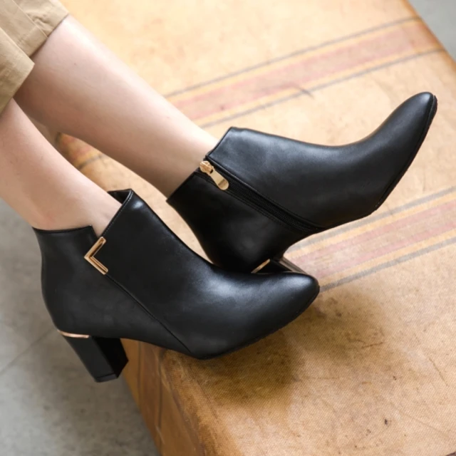 baibeauty 白鳥麗子 顯瘦素面皮革金屬拉環側拉鏈圓頭