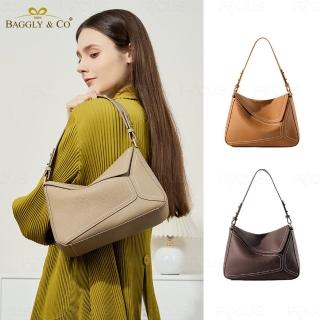 【BAGGLY&CO】卡洛頭層牛皮拼接幾何包肩揹包斜揹包手提包(棕/焦糖/咖啡 幾何包)