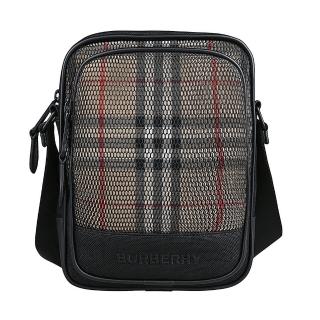 【BURBERRY 巴寶莉】BURBERRY FREDDIE簡約刺繡字母LOOG網布層次及格紋設計帆布飾牛皮邊拉鍊斜背包(米x黑)