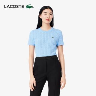 【LACOSTE】女裝-拐花條紋針織貼身短袖上衣(淺藍色)