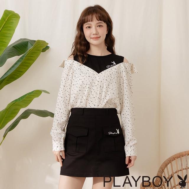 【PLAYBOY】時髦假兩件露肩星點襯衫(白色)