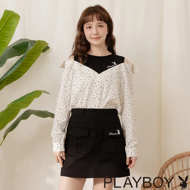 【PLAYBOY】時髦假兩件露肩星點襯衫(白色)