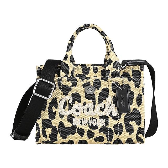 【COACH】COACH Cargo Tote Bag 20刺繡LOGO帆布豹紋圖案拉鍊手提/斜背托特包(黑x多色)