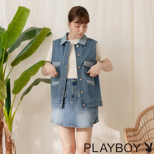 【PLAYBOY】撞色可拆式領片丹寧背心(牛仔藍)